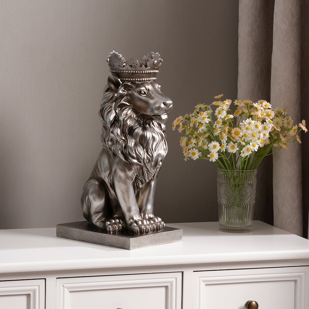 14.5" H Sitting Lion Crown Silver Color Resin Statue Home Décor