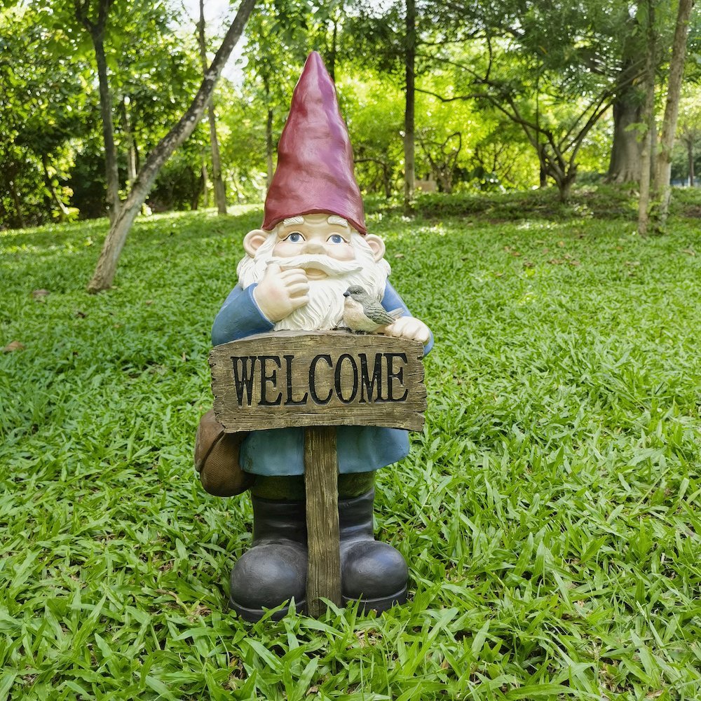 Funny Garden Gnome Holding Welcome Sign