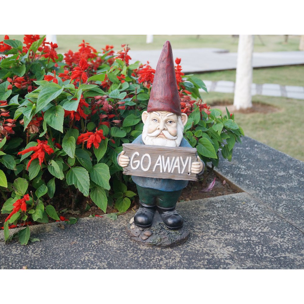 Gnome Holding Go Away Sign