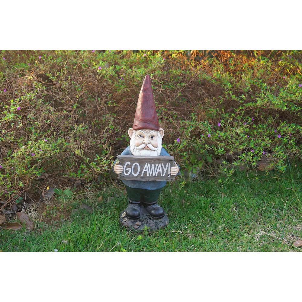 Gnome Holding Go Away Sign