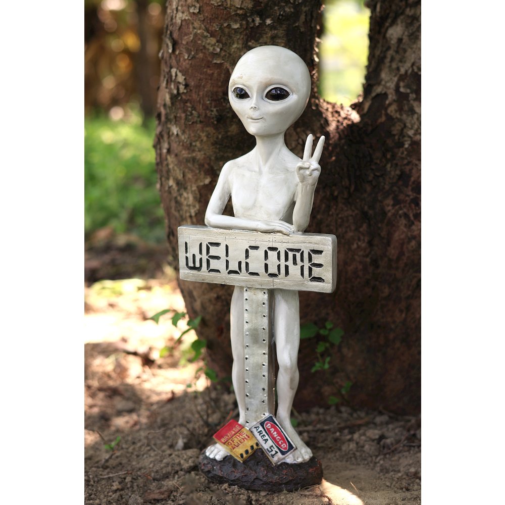 Alien Resin Statue W/Welcome Sign