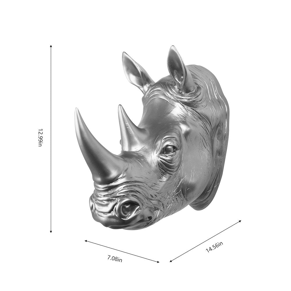 Rhinoceros Head Wall Mount Art Silver Color