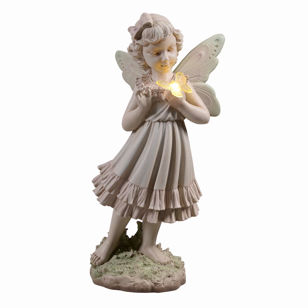 Girl Holding Butterfly Lighted Garden Statue Solar Powered LEDs