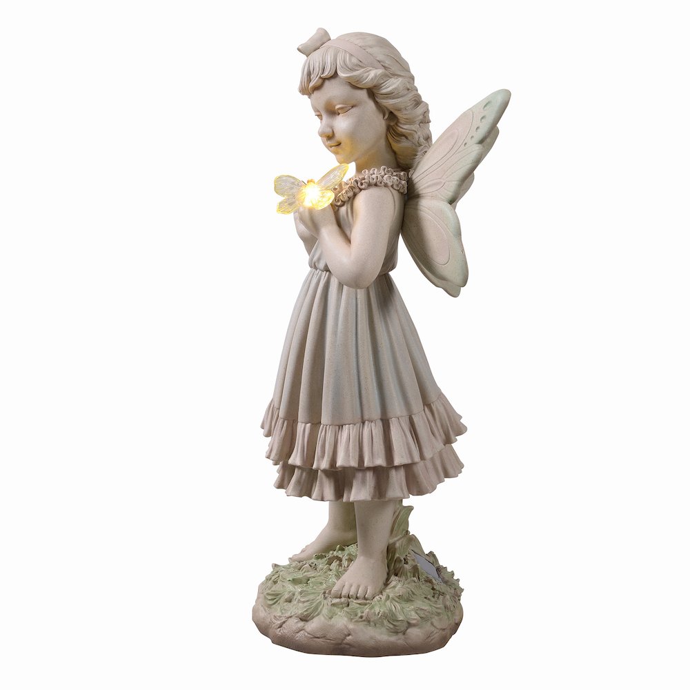 Girl Holding Butterfly Lighted Garden Statue Solar Powered LEDs