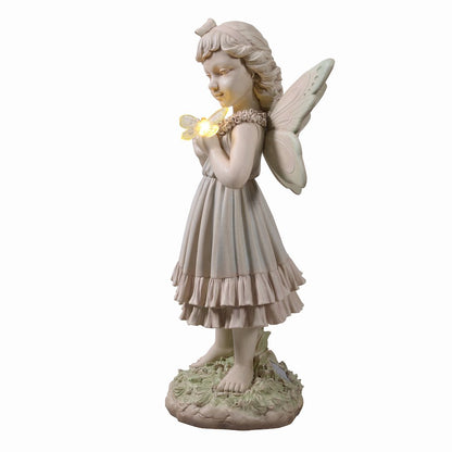 Girl Holding Butterfly Lighted Garden Statue Solar Powered LEDs
