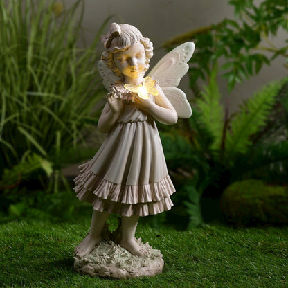 Girl Holding Butterfly Lighted Garden Statue Solar Powered LEDs