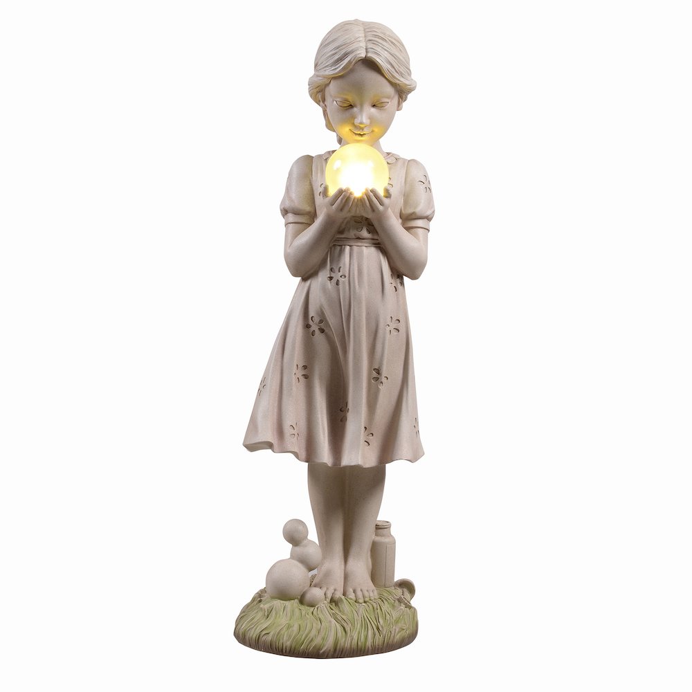 Girl Holding Bubble Lighted Garden Statue Solar Powered LEDs