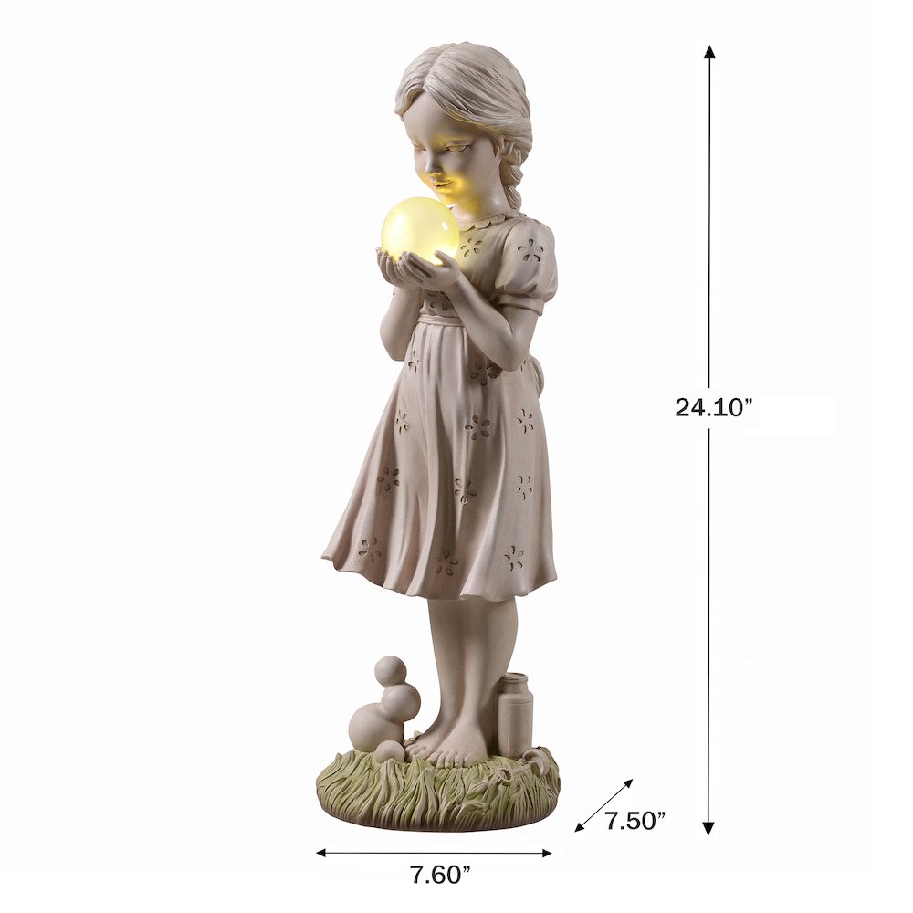 Girl Holding Bubble Lighted Garden Statue Solar Powered LEDs
