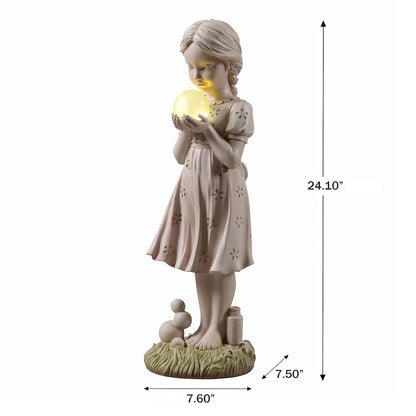Girl Holding Bubble Lighted Garden Statue Solar Powered LEDs