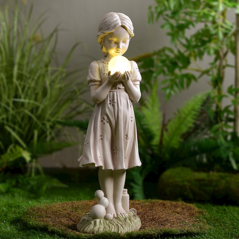 Girl Holding Bubble Lighted Garden Statue Solar Powered LEDs