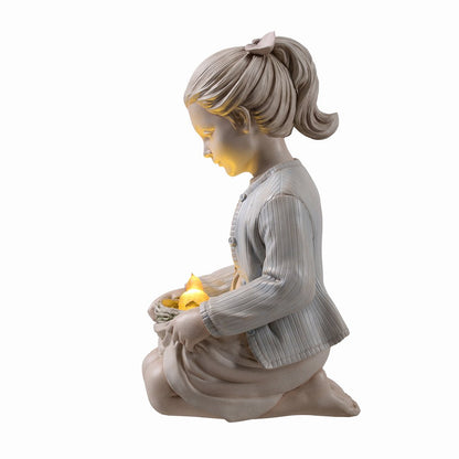Sitting Girl  Bird Nest Lighted Garden Statue Solar Powered LEDs