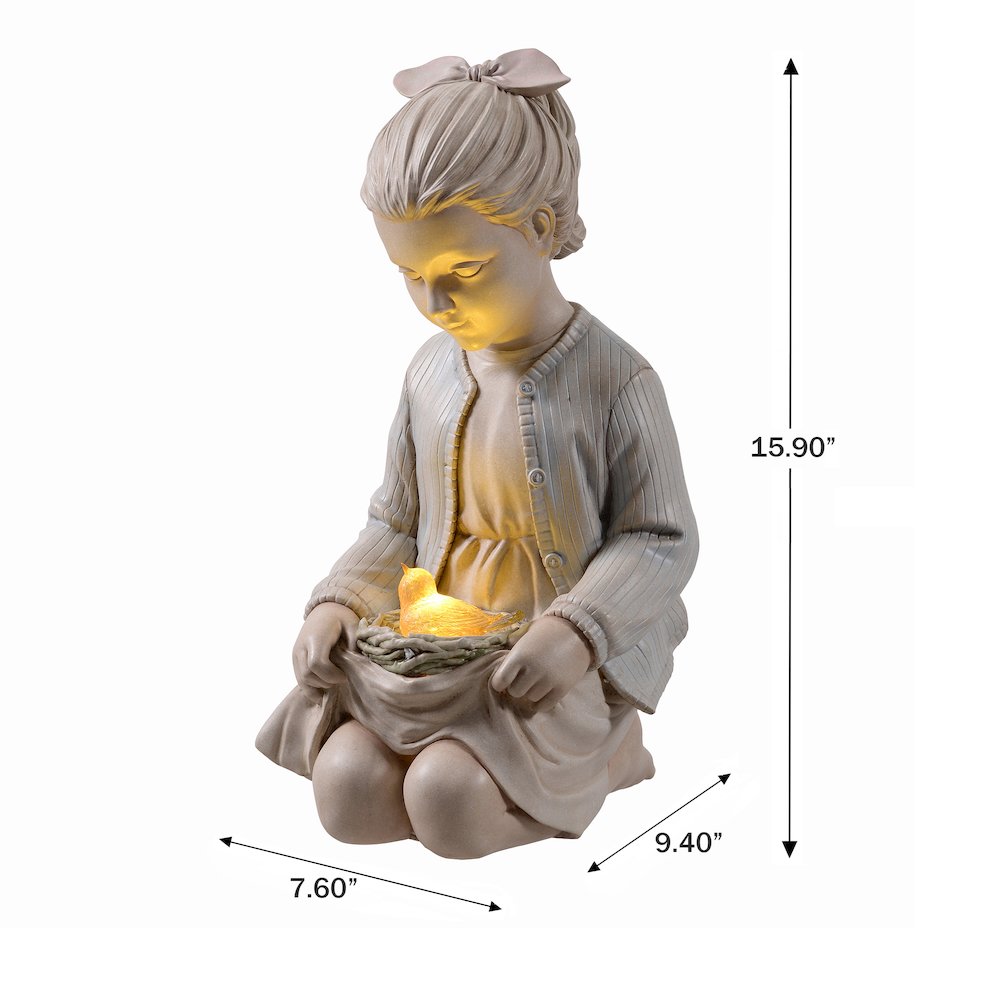 Sitting Girl  Bird Nest Lighted Garden Statue Solar Powered LEDs
