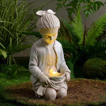 Sitting Girl  Bird Nest Lighted Garden Statue Solar Powered LEDs