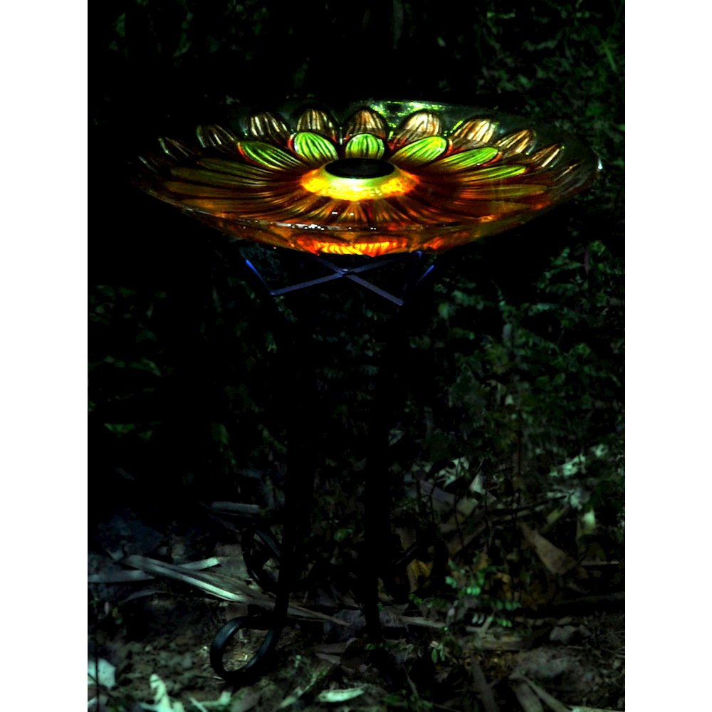 Solar Floral Glass Bird Bath with Stand