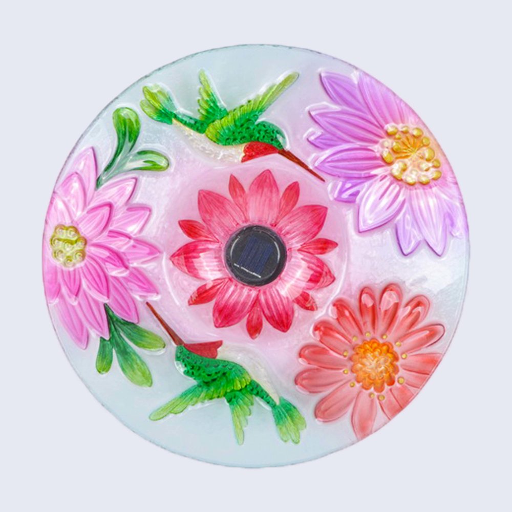 Solar Floral Glass Hummingbird Bath with Stand
