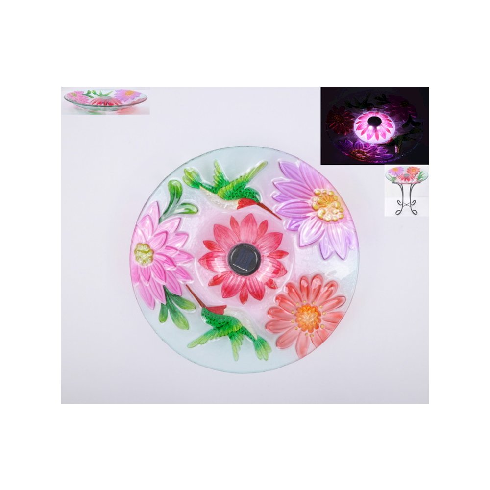 Solar Floral Glass Hummingbird Bath with Stand
