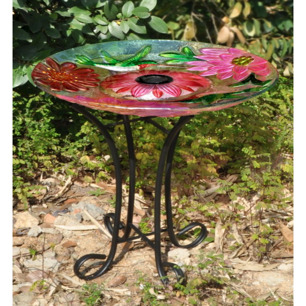 Solar Floral Glass Hummingbird Bath with Stand