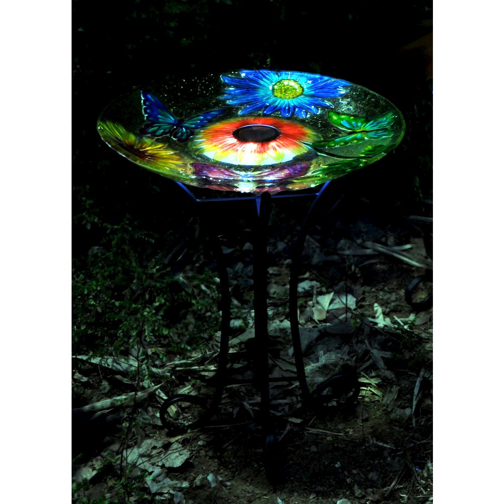 Solar Floral Glass Butterfly Bird Bath with Stand
