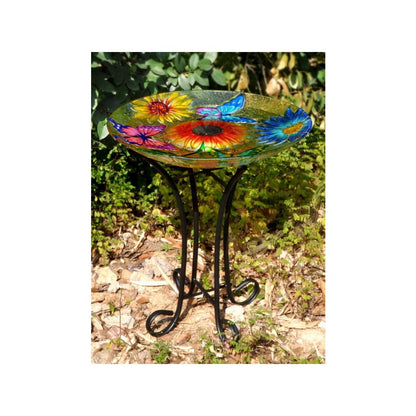 Solar Floral Glass Butterfly Bird Bath with Stand