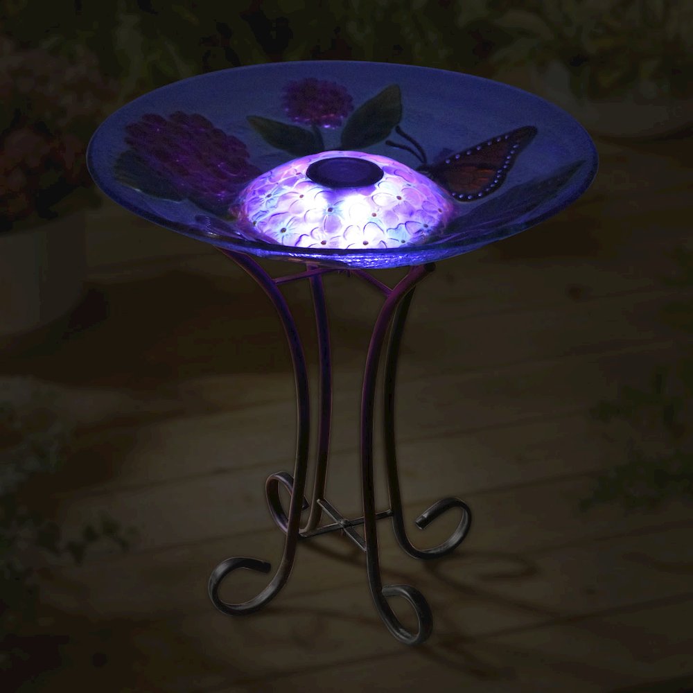 Solar LED Floral Glass Butterfly Bird Bath with Stand