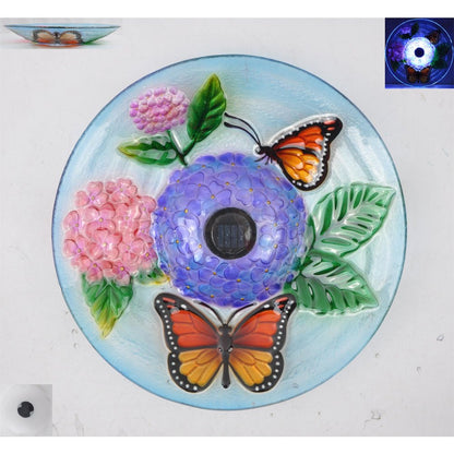 Solar LED Floral Glass Butterfly Bird Bath with Stand