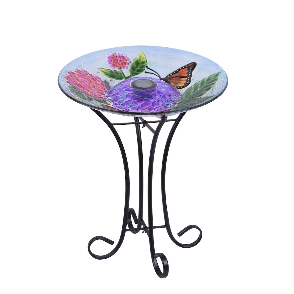 Solar LED Floral Glass Butterfly Bird Bath with Stand