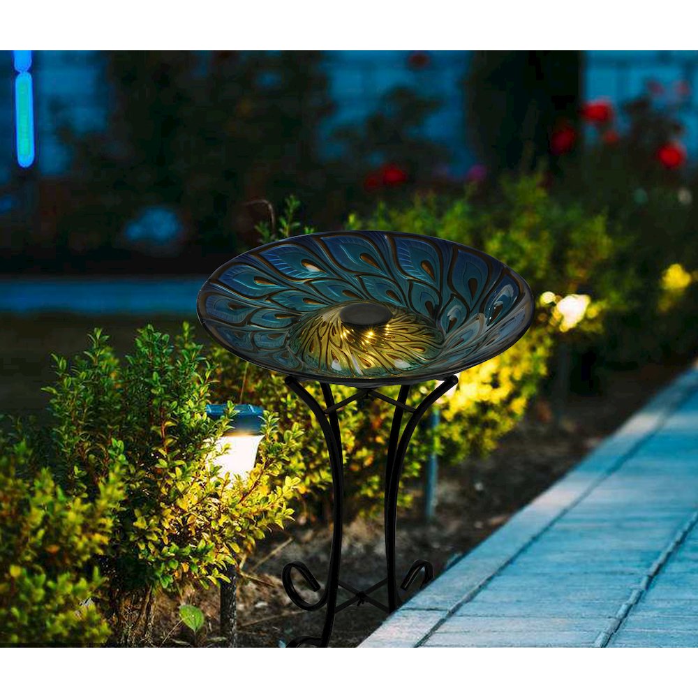 Solar Glass Peacock Feathers Bird Bath with Stand