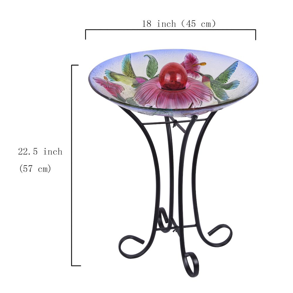 Solar Orb Floral Glass Hummingbird Bird Bath with Stand