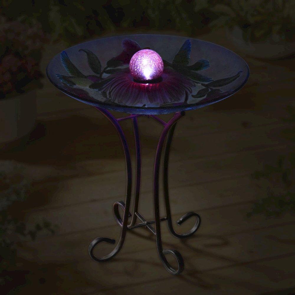 Solar Orb Floral Glass Hummingbird Bird Bath with Stand