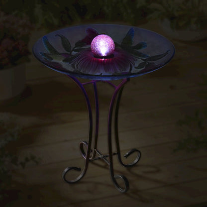 Solar Orb Floral Glass Hummingbird Bird Bath with Stand