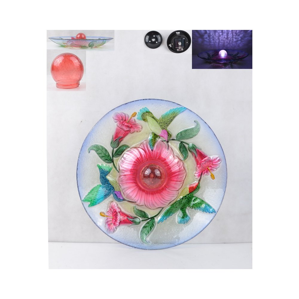 Solar Orb Floral Glass Hummingbird Bird Bath with Stand