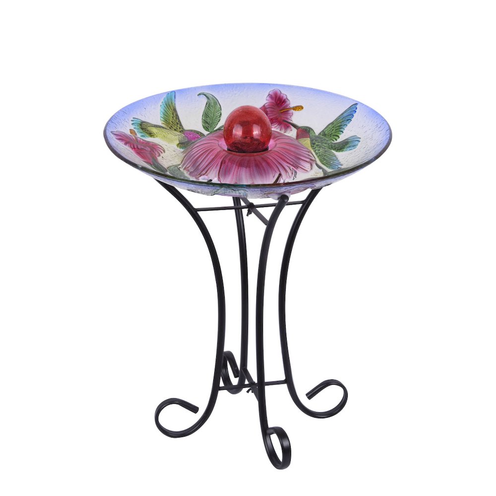 Solar Orb Floral Glass Hummingbird Bird Bath with Stand