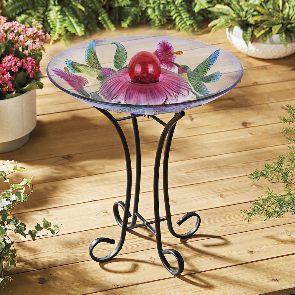 Solar Orb Floral Glass Hummingbird Bird Bath with Stand