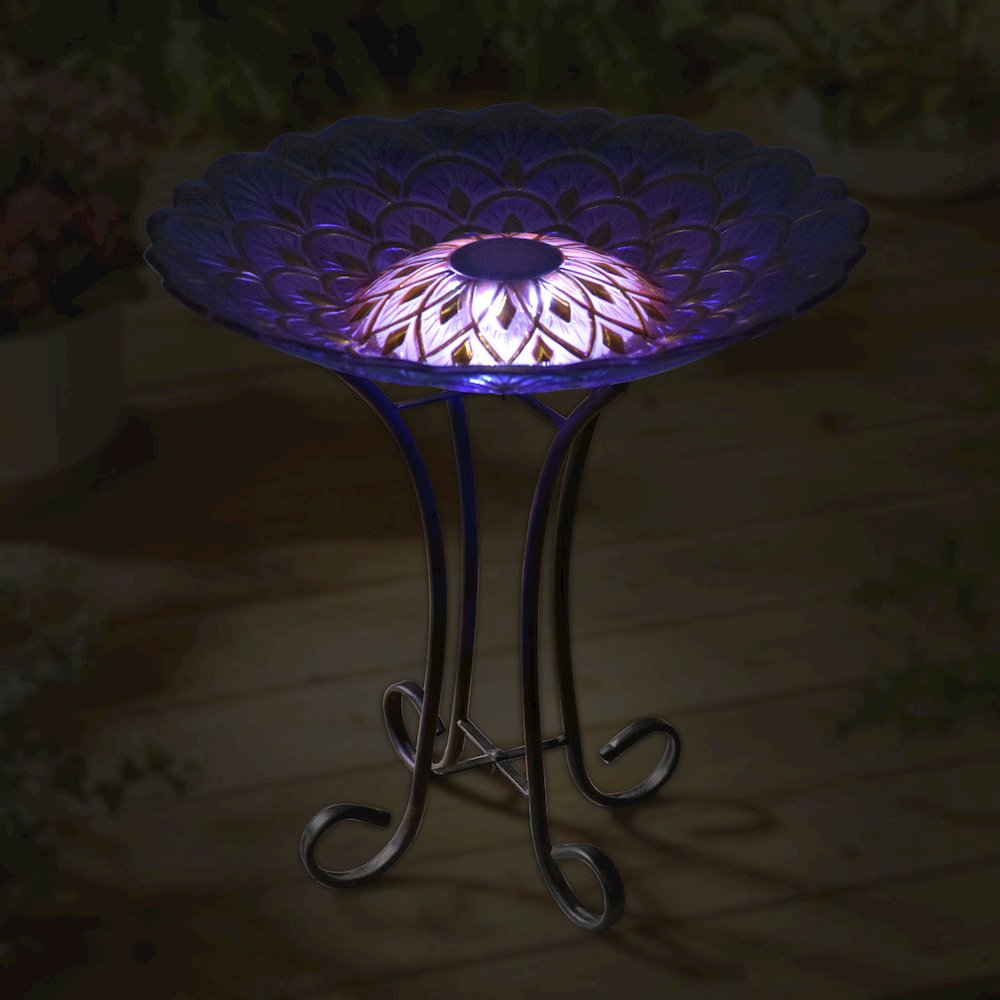 Solar Floral Glass Bird Bath with Stand