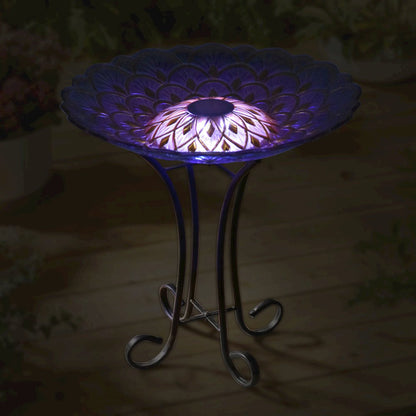 Solar Floral Glass Bird Bath with Stand
