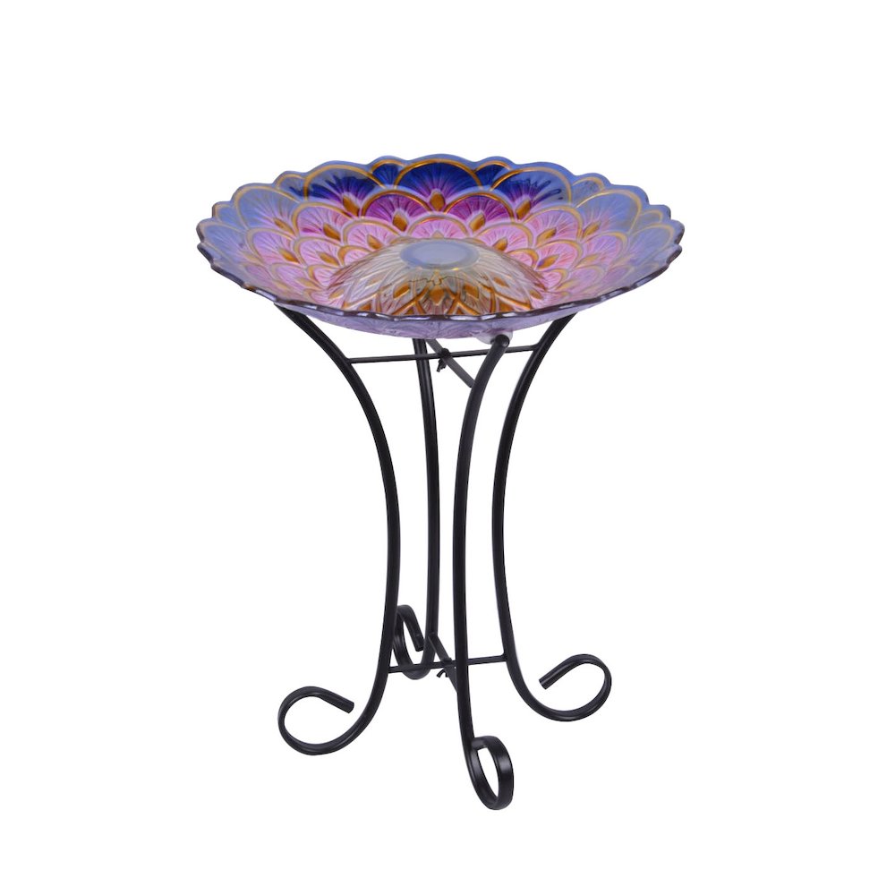 Solar Floral Glass Bird Bath with Stand