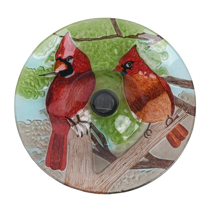 Solar LED Floral Glass Bird Bath with Stand - Cardinal