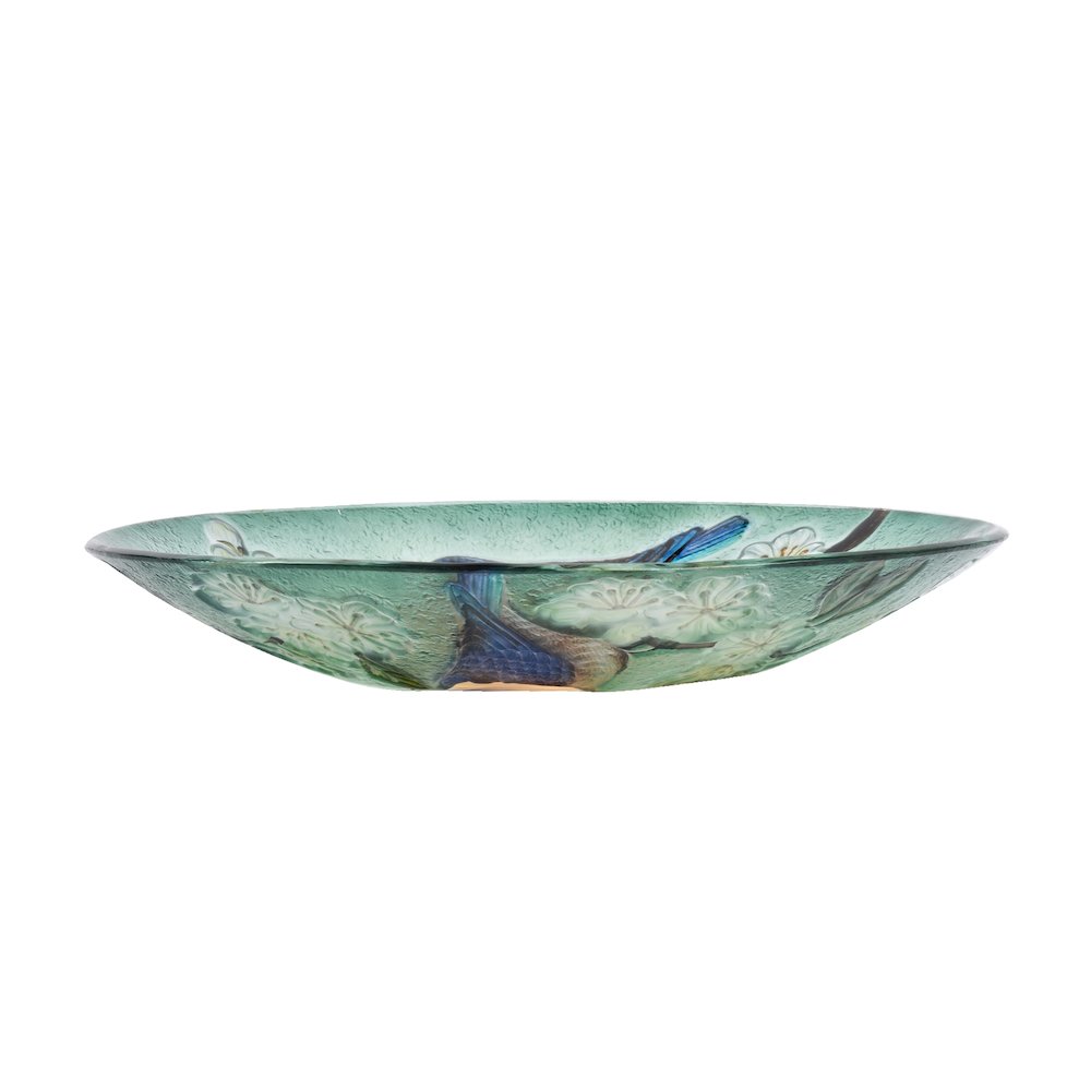 Solar LED Floral Glass Bird Bath with Stand - Blue Bird & Peach Blossom