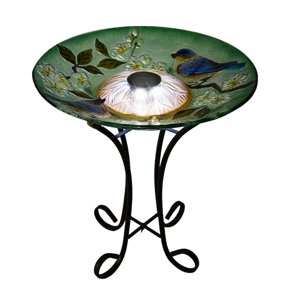 Solar LED Floral Glass Bird Bath with Stand - Blue Bird & Peach Blossom