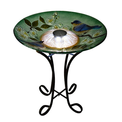Solar LED Floral Glass Bird Bath with Stand - Blue Bird & Peach Blossom