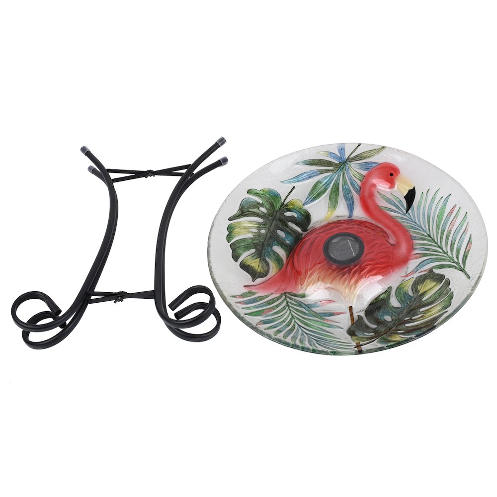 Solar LED Verdant Glass Bird Bath with Stand - Flamingo