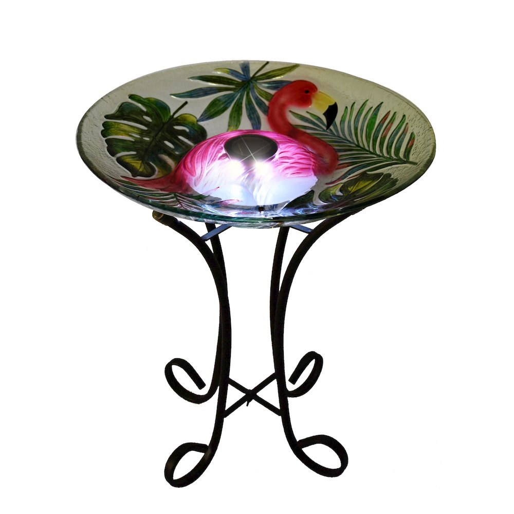 Solar LED Verdant Glass Bird Bath with Stand - Flamingo