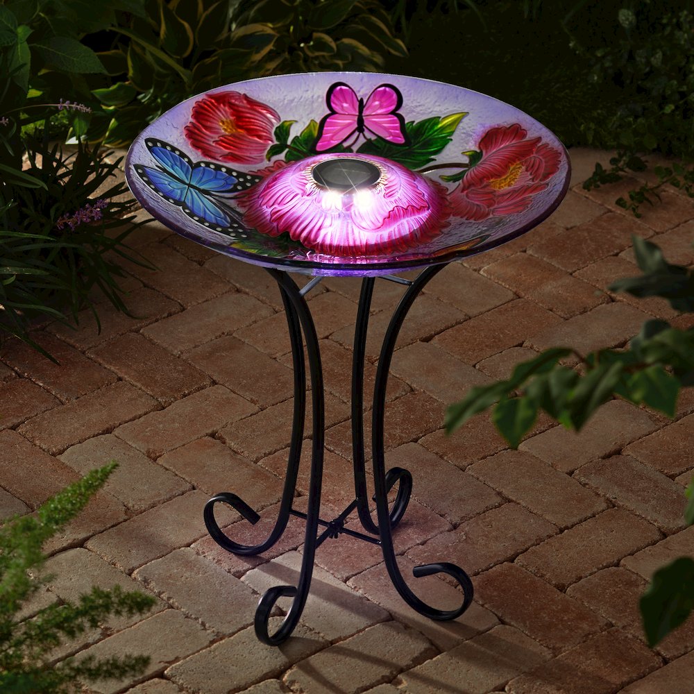 Solar LED Floral Glass Bird Bath with Stand - Butterflies & Peonies