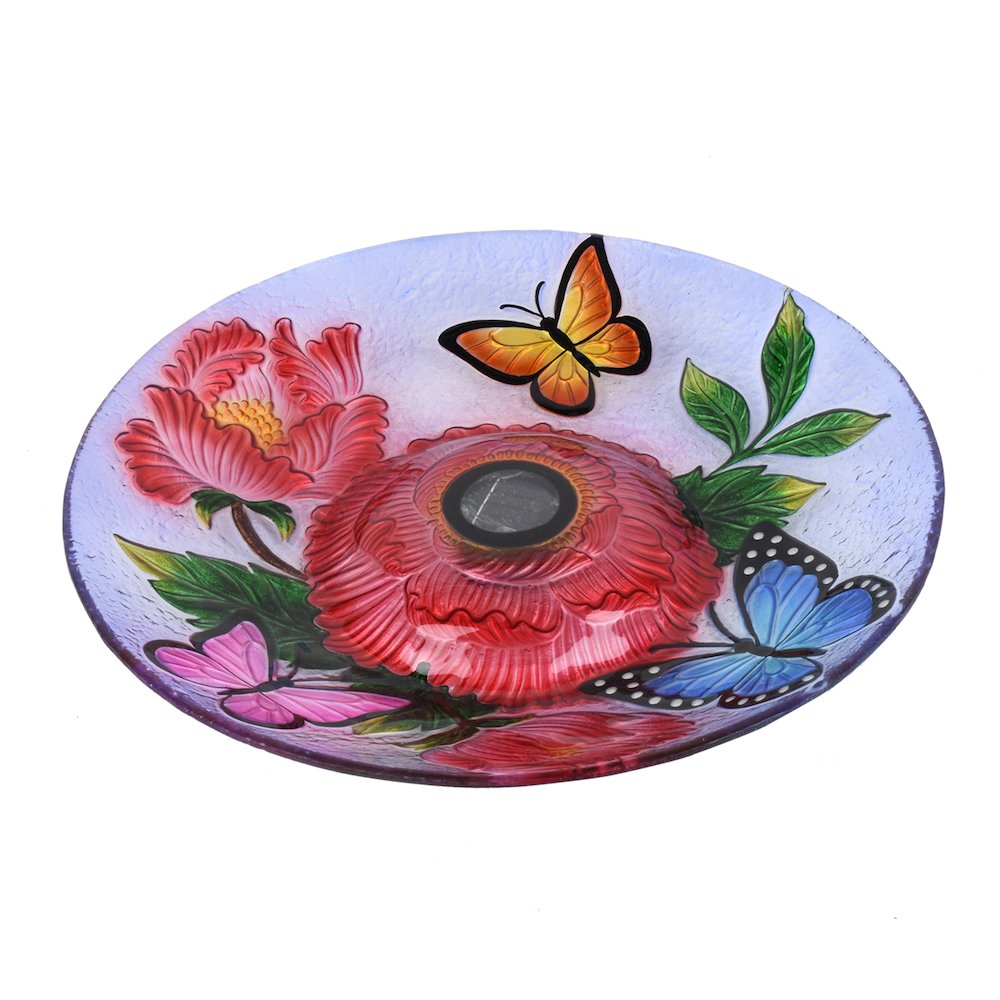 Solar LED Floral Glass Bird Bath with Stand - Butterflies & Peonies