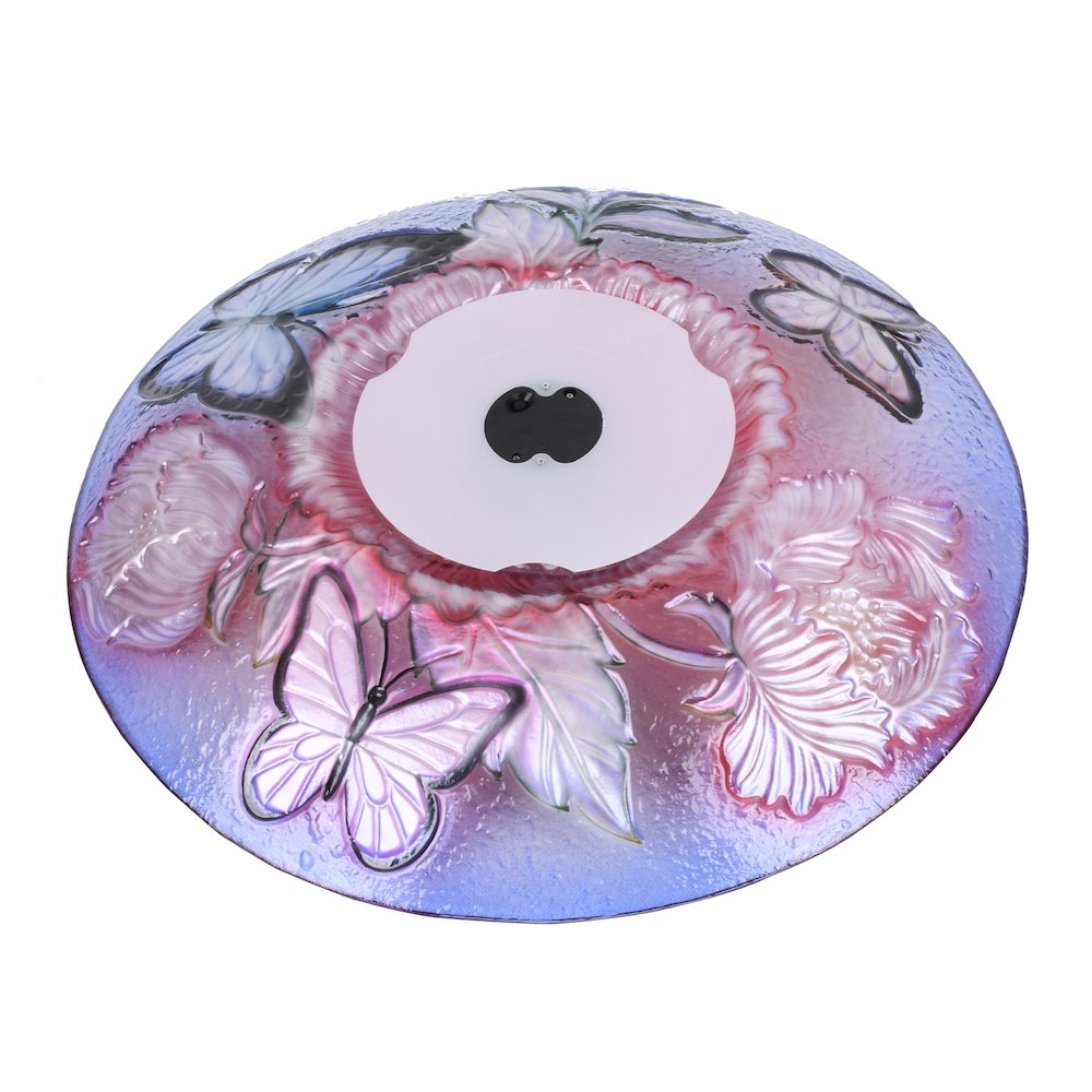 Solar LED Floral Glass Bird Bath with Stand - Butterflies & Peonies