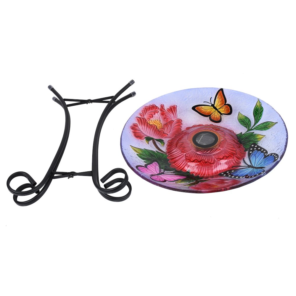 Solar LED Floral Glass Bird Bath with Stand - Butterflies & Peonies