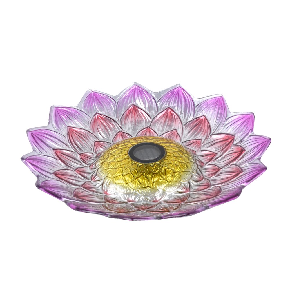 Solar LED Floral Glass Bird Bath with Stand - Pink Dahlia