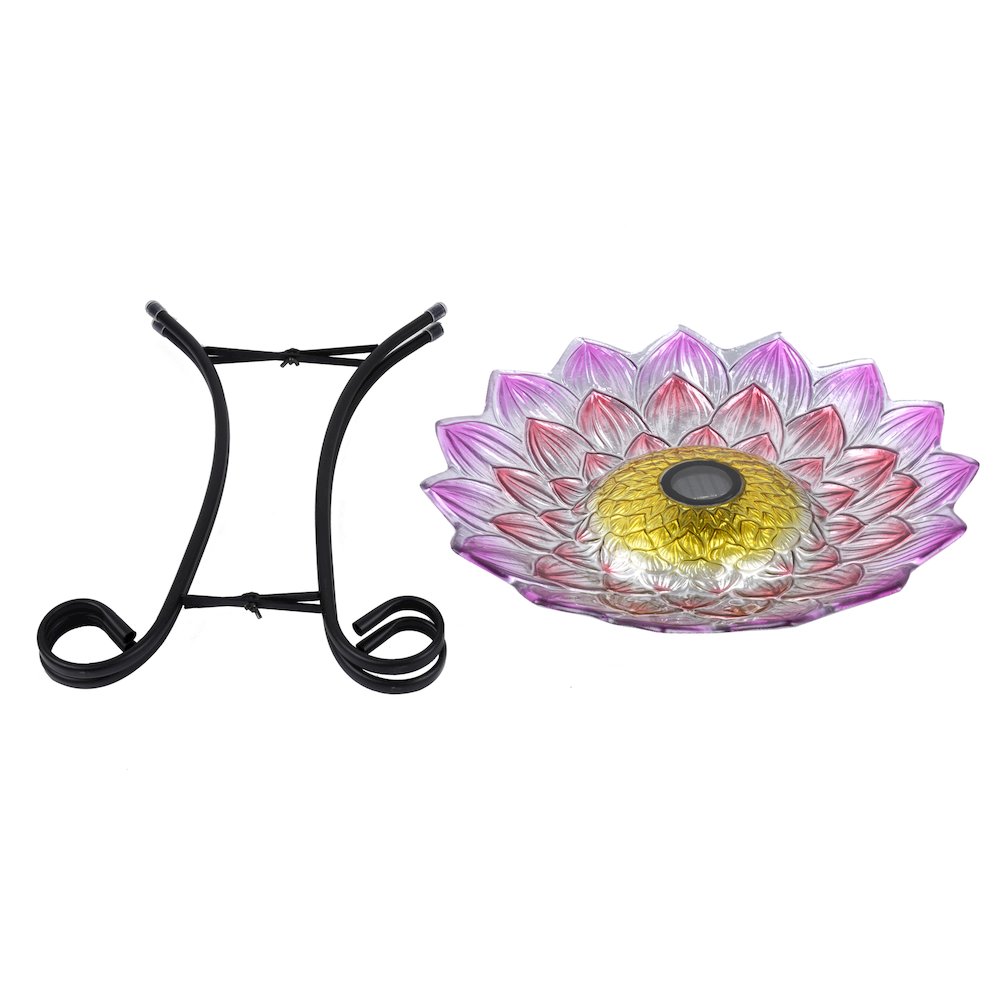 Solar LED Floral Glass Bird Bath with Stand - Pink Dahlia