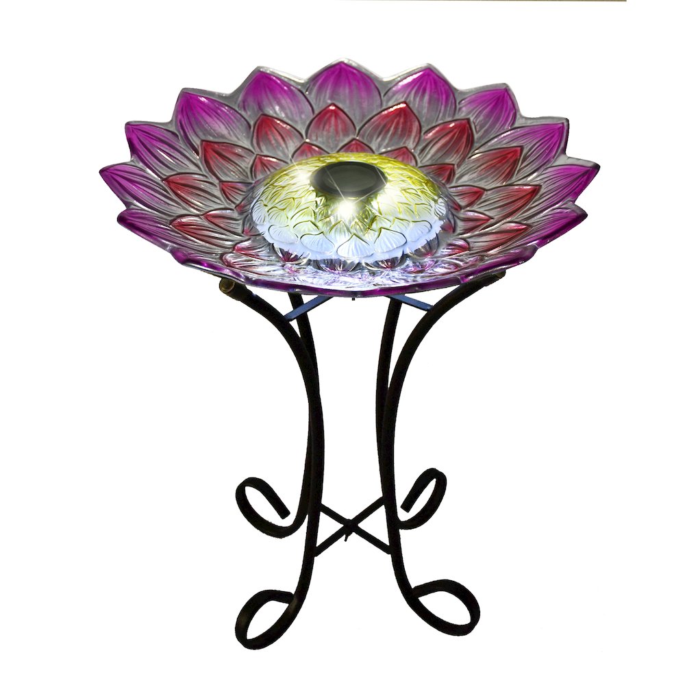 Solar LED Floral Glass Bird Bath with Stand - Pink Dahlia