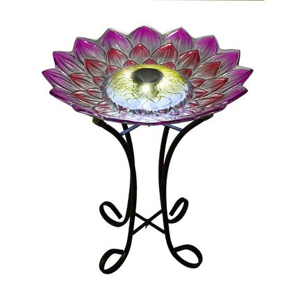 Solar LED Floral Glass Bird Bath with Stand - Pink Dahlia